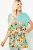 Tiffany Blue Short Sleeve V-Neck Top with Floral Contrast Front