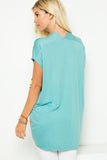 Tiffany Blue Short Sleeve V-Neck Top with Floral Contrast Front