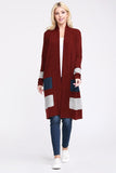 Susan Burgundy Color Block Open Front Cardigan