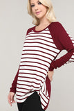Stephanie Burgundy and Ivory Striped and Solid Contrast Knotted Top