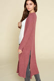 Ella Two Tone Ribbed Mauve Hacci Brush Casual Long Cardigan with Side Slits