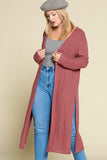 Ella Two Tone Ribbed Mauve Hacci Brush Casual Long Cardigan with Side Slits