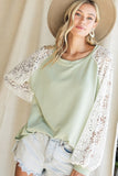 Penelope Sage Top with Lace Puff Sleeves