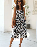 Ensley White Leopard Print Sleeveless, V-Neck, Wide Leg Jumpsuit