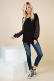 Faye Black Top with Contrast Open Knit Puff Sleeve