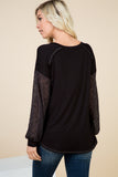 Faye Black Top with Contrast Open Knit Puff Sleeve