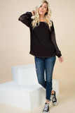 Faye Black Top with Contrast Open Knit Puff Sleeve