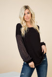 Faye Black Top with Contrast Open Knit Puff Sleeve