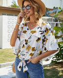 Ava White Floral V-Neck Top with Front Tie