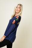 Evelyn Navy Long Sleeve Top with Floral Contrast