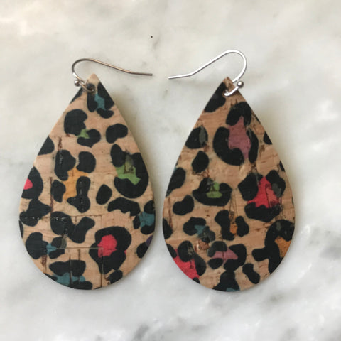 Rainbow Leopard Print Cork Teardrop Earrings 2002