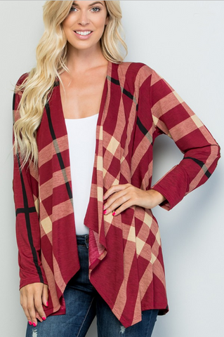 Samantha Red Plaid Open Front Cardigan