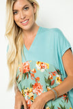 Tiffany Blue Short Sleeve V-Neck Top with Floral Contrast Front