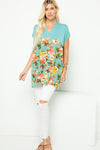 Tiffany Blue Short Sleeve V-Neck Top with Floral Contrast Front