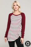 Stephanie Burgundy and Ivory Striped and Solid Contrast Knotted Top