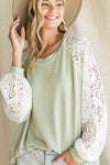 Penelope Sage Top with Lace Puff Sleeves