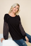 Faye Black Top with Contrast Open Knit Puff Sleeve