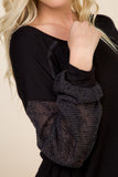 Faye Black Top with Contrast Open Knit Puff Sleeve