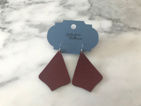 Burgundy Ostrich Exaggerated Pointed Teardrop Earring