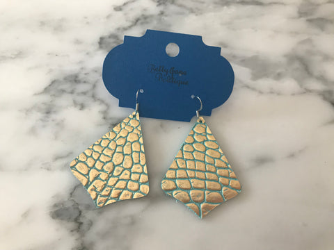 Metallic and Teal Crocodile Exaggerated Pointed Teardrop Earring