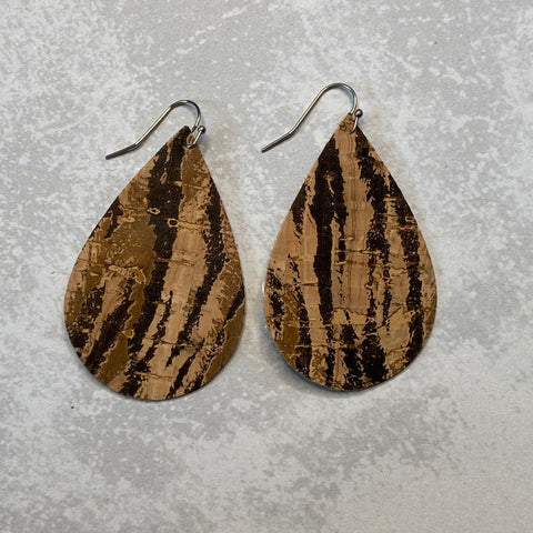 Brown and Black Tiger Print Cork Teardrop Earrings