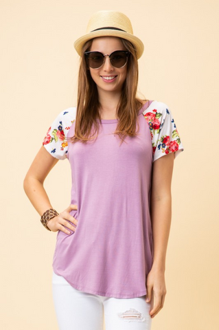 Gaby Lilac Top with Contrast Floral Short Sleeve