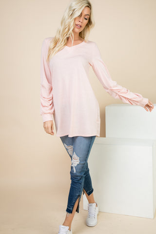 Leah Blush V-neck Tunic with Ruched Sleeve