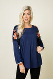 Evelyn Navy Long Sleeve Top with Floral Contrast