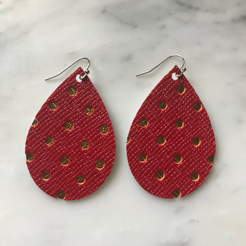 Red with Gold Metallic Dot Faux Leather Earrings