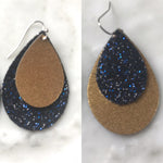Gold Shimmer and Royal Blue and Black Glitter Teardrop Earrings