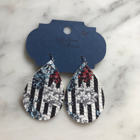 Floral and Striped Teardrop Faux Leather Earring