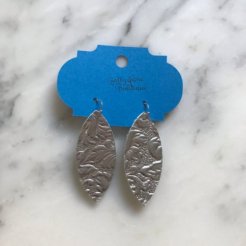 Silver Metallic Embossed Marquise Leather Earring