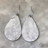 Gray and White Marbled Teardrop Leather Earrings