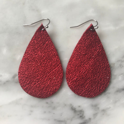 Metallic Red Leather Teardrop Earrings